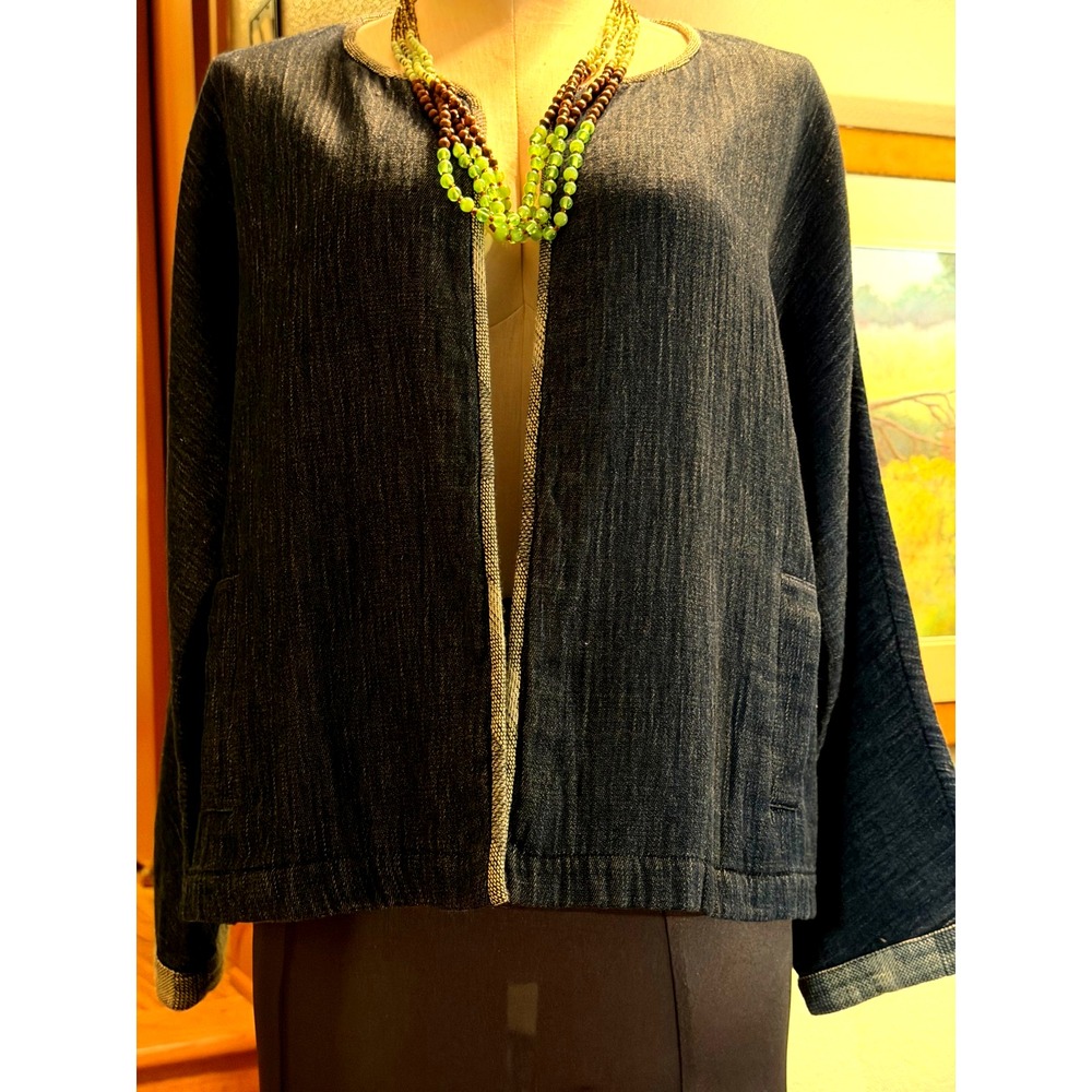 Eileen Fisher Jacket Womens Organic Cotton Kimono Open Front Indigo Blue EUC